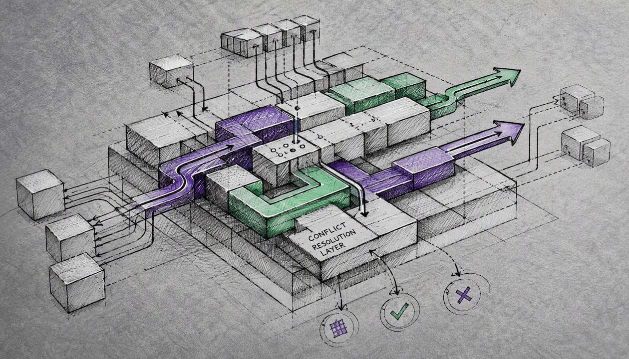 Illustrated schematic of conflict resolution in data synchronization