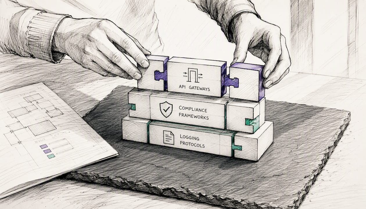 Hands assembling governance infrastructure blocks