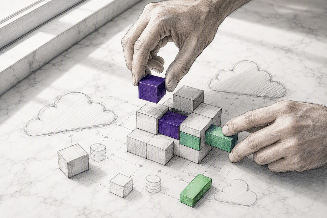 Hands managing modular blocks representing cloud environments