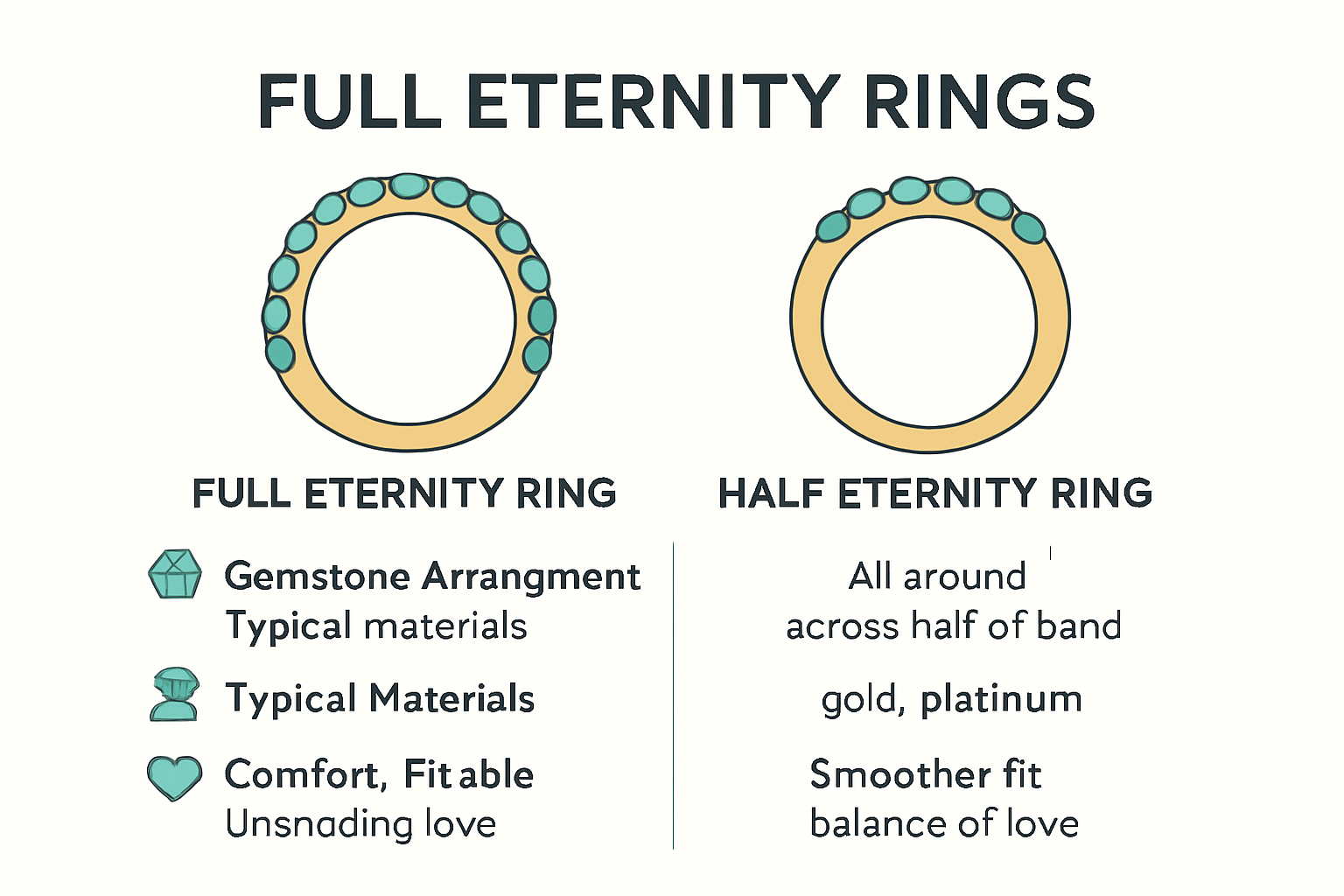 Comparison chart of full versus half eternity ring designs
