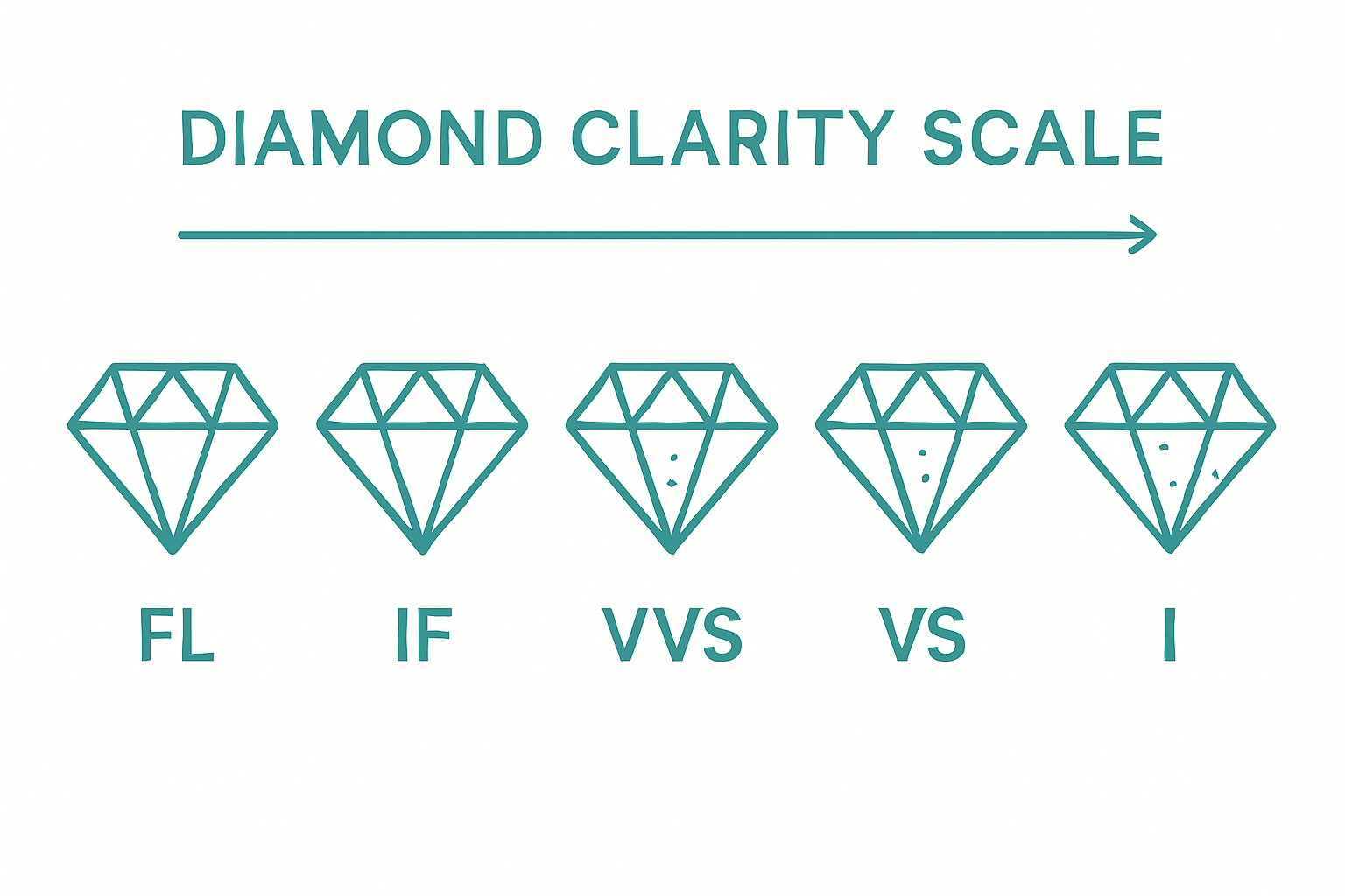 Simple linear chart illustrating the diamond clarity scale from flawless to included.