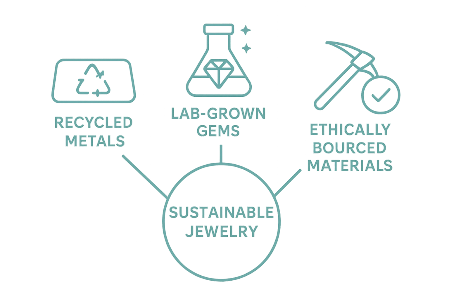 Infographic illustrating recycled metals, lab-grown gems, and ethical materials as pillars of sustainable jewelry