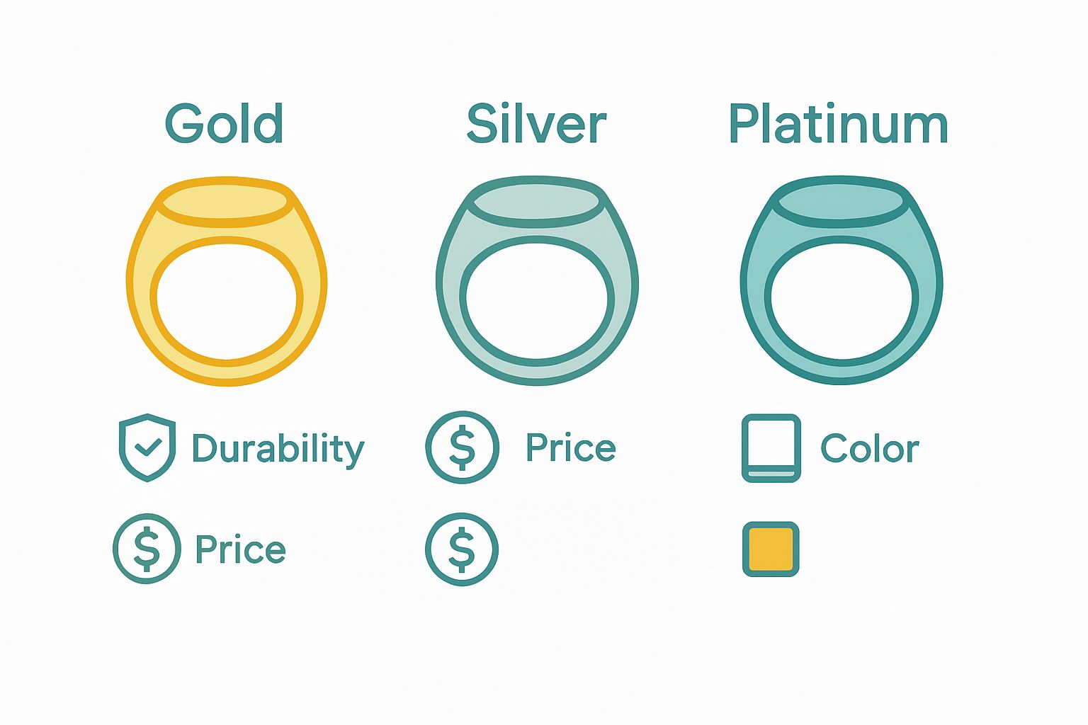 Visual comparison of gold, silver, and platinum signet rings with icons for durability, cost, appearance.