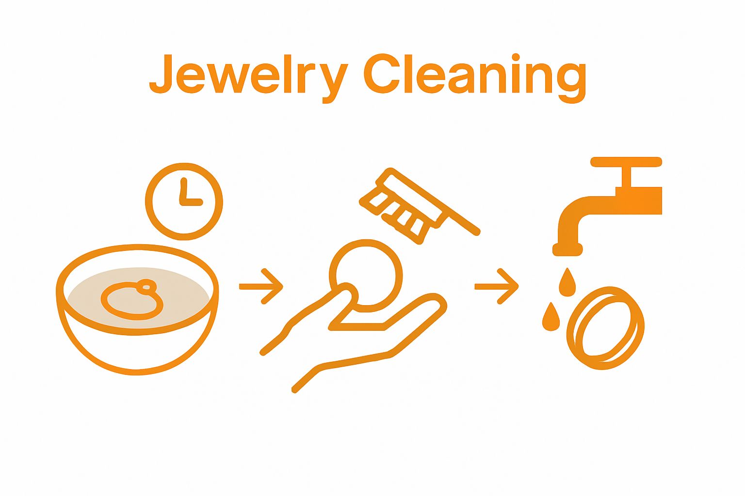 Step-by-step gold jewelry cleaning visual: soak, brush, rinse.