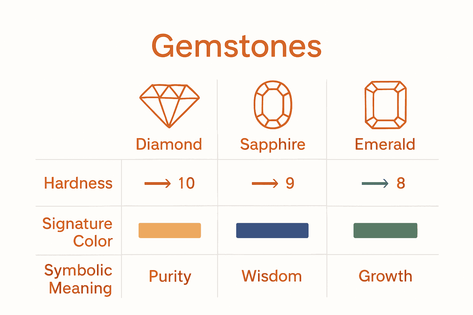 Comparison infographic showing diamond, sapphire, and emerald with key attributes, colors, and symbolic meanings.