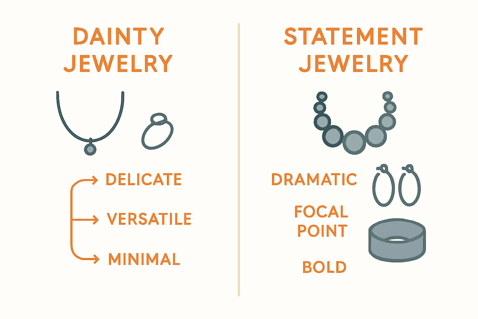 Infographic comparing dainty versus statement jewelry characteristics
