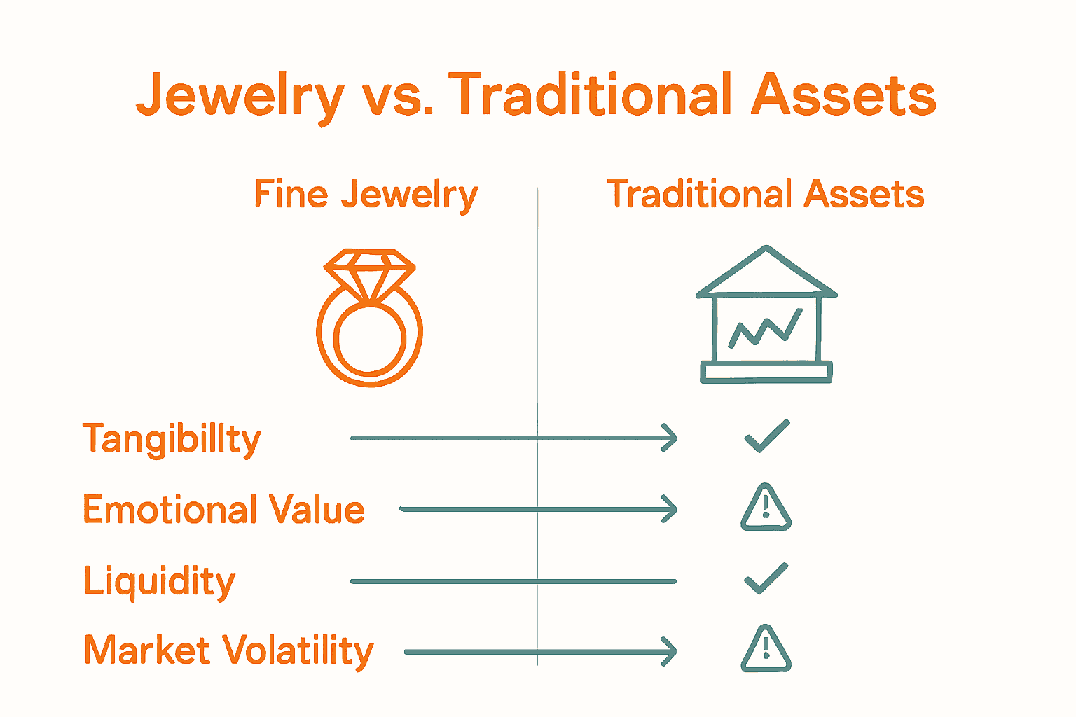 Infographic comparing fine jewelry to traditional investment assets with icons and key differences.