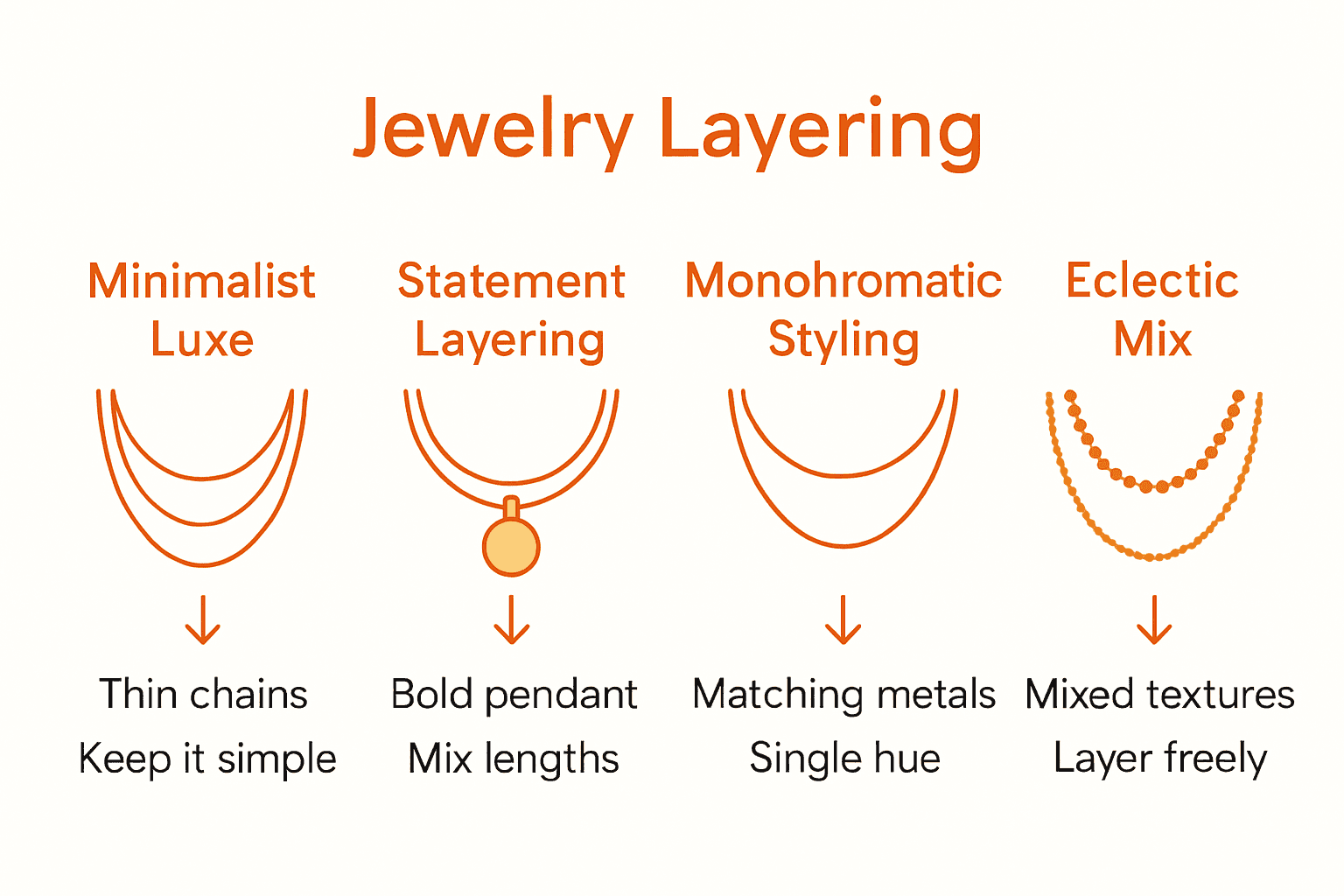 Comparison chart of four jewelry layering styles with icons and features
