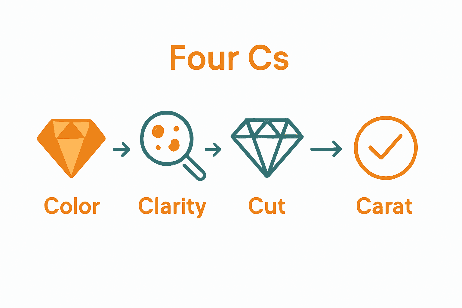 Infographic showing steps to evaluate gemstone quality using color, clarity, cut, and carat icons.