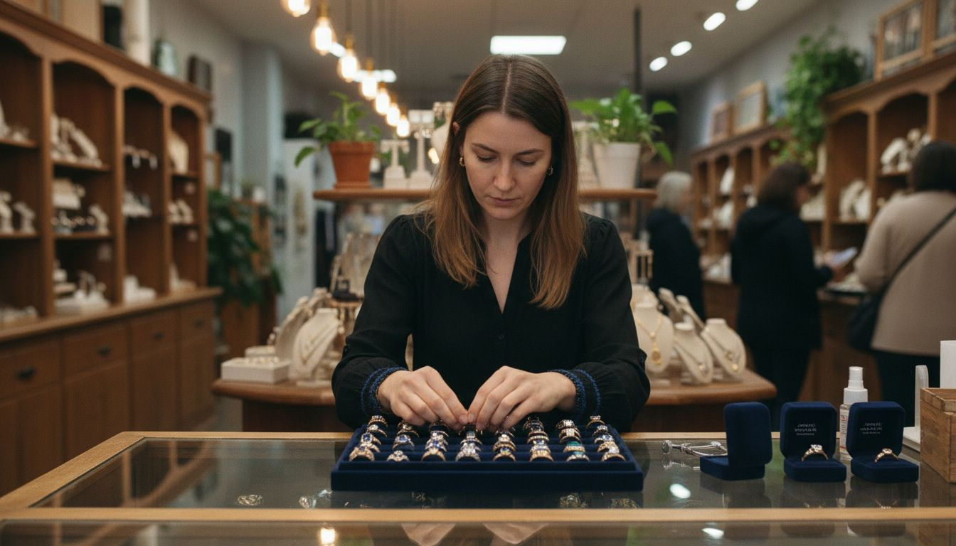 Jeweler arranging different halo ring settings