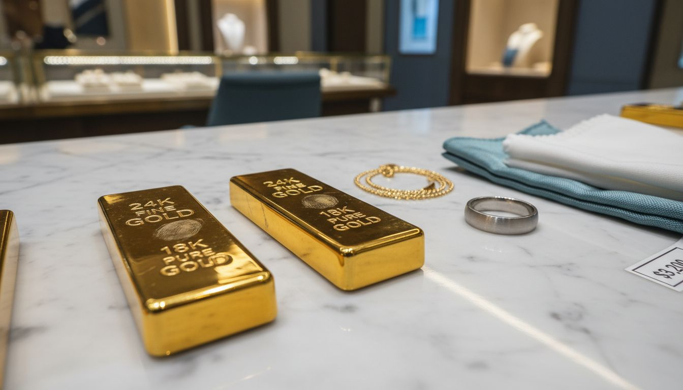 Gold bars and jewelry showing purity marks