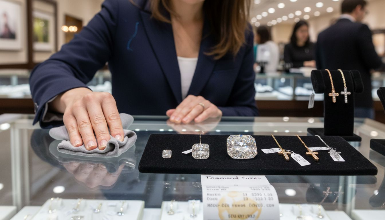 Store associate comparing diamond carat sizes