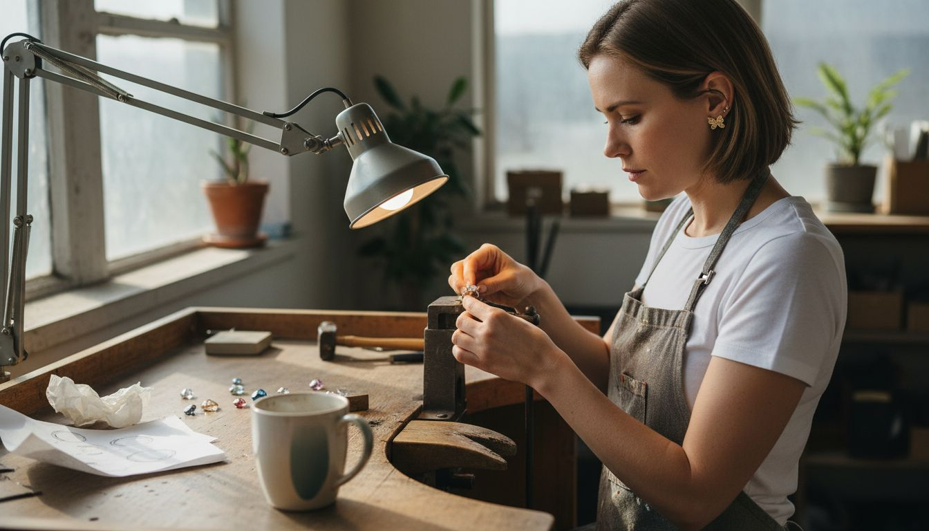 Designer adjusting solitaire ring at workbench