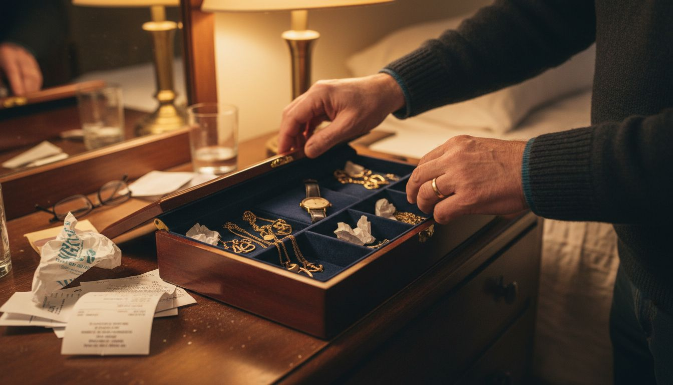 Man organizing jewelry in velvet box