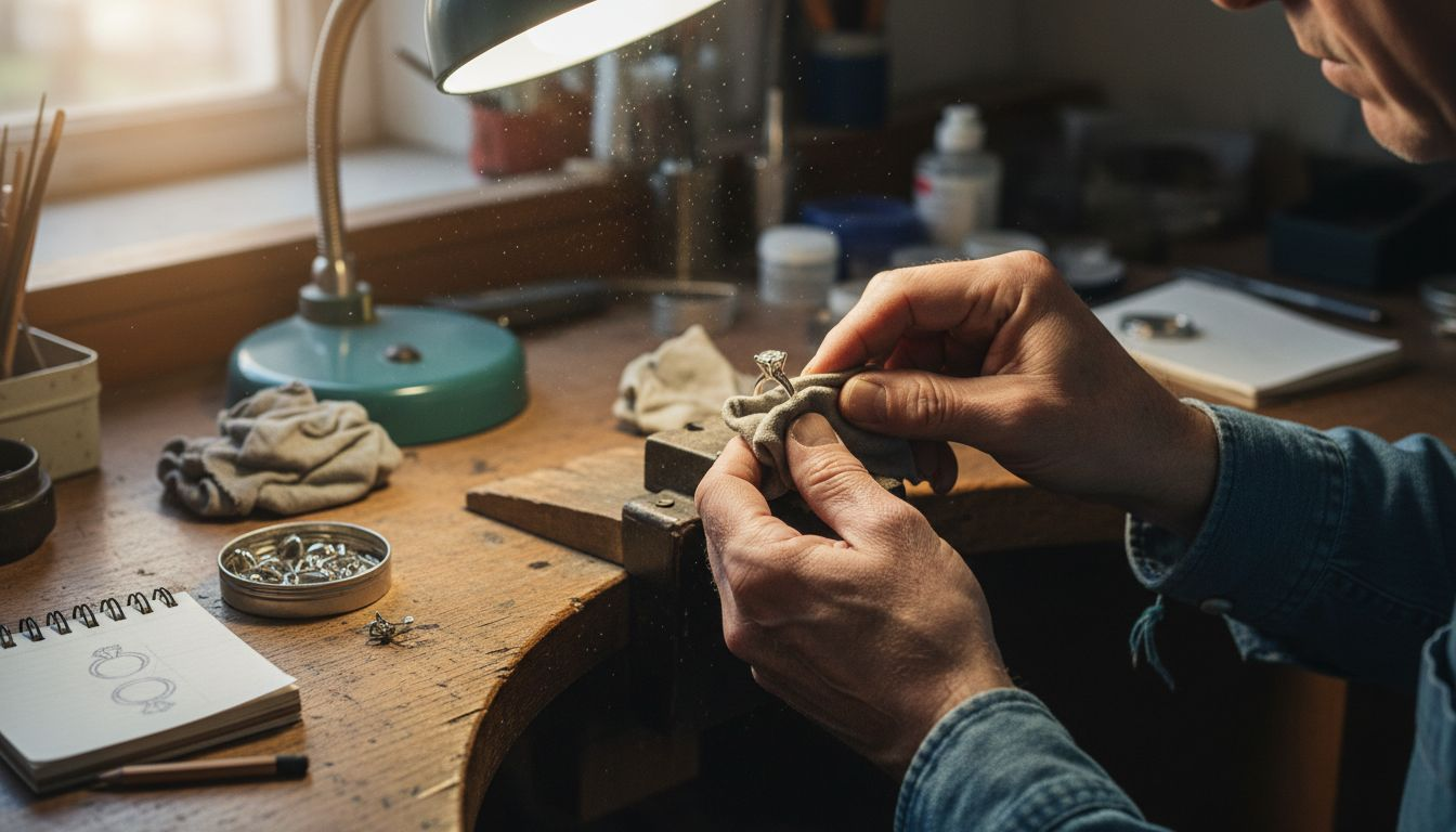 Jeweler polishing solitaire ring at workbench