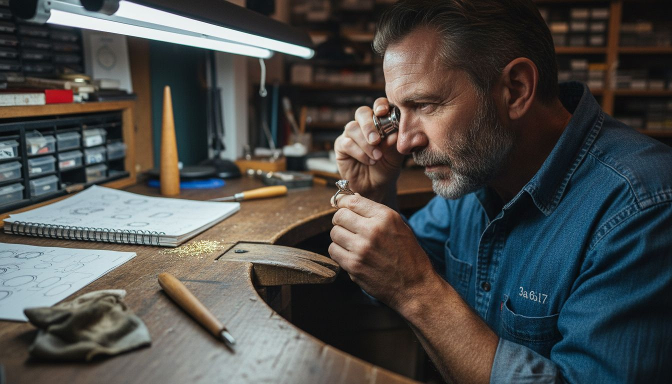 Jeweler inspecting diamond ring at workbench
