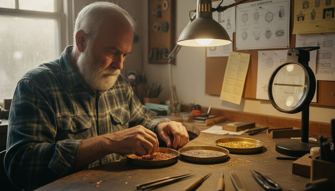 Jeweler sorting gold alloys on workbench