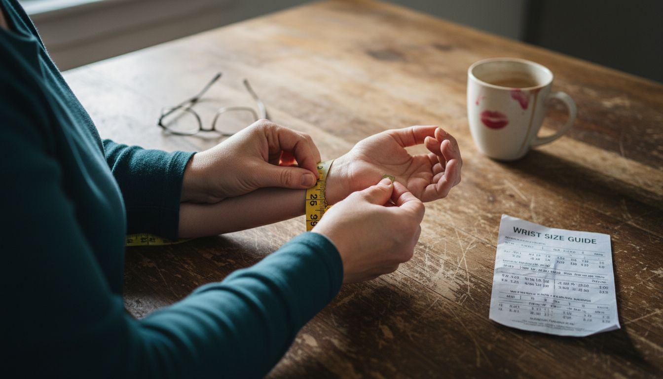 Hands measuring wrist with tape for bracelet
