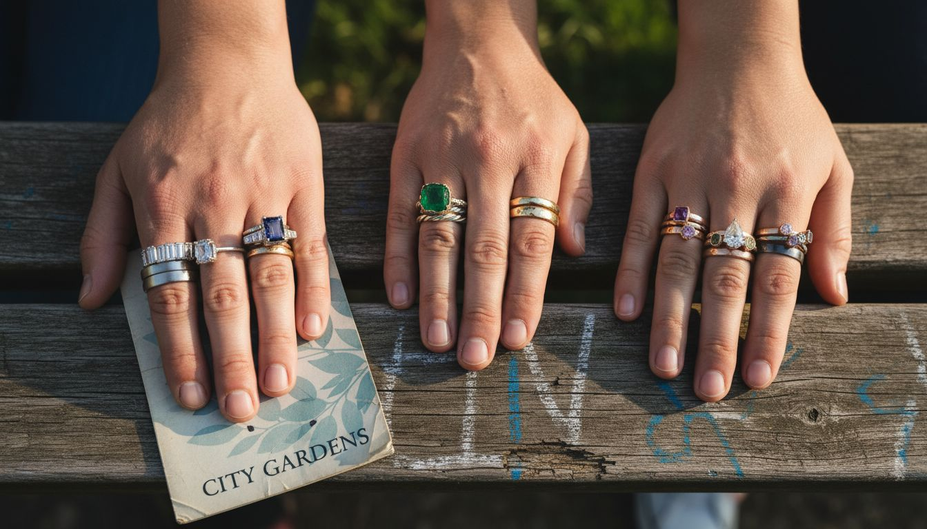 Three hands showing different ring stacks