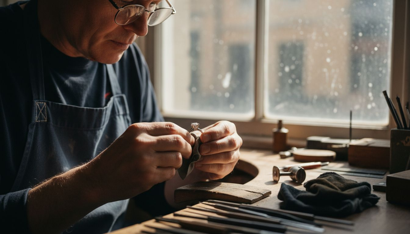 Jeweler crafting solitaire ring at workbench