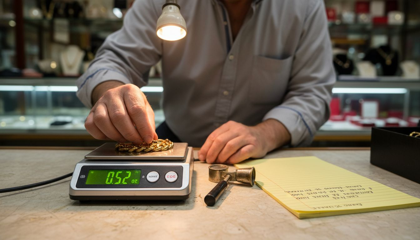 Appraiser weighing gold bracelet on digital scale