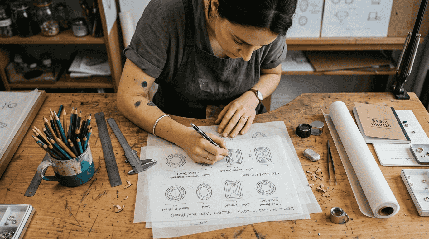 Designer sketching bezel diamond shapes overhead