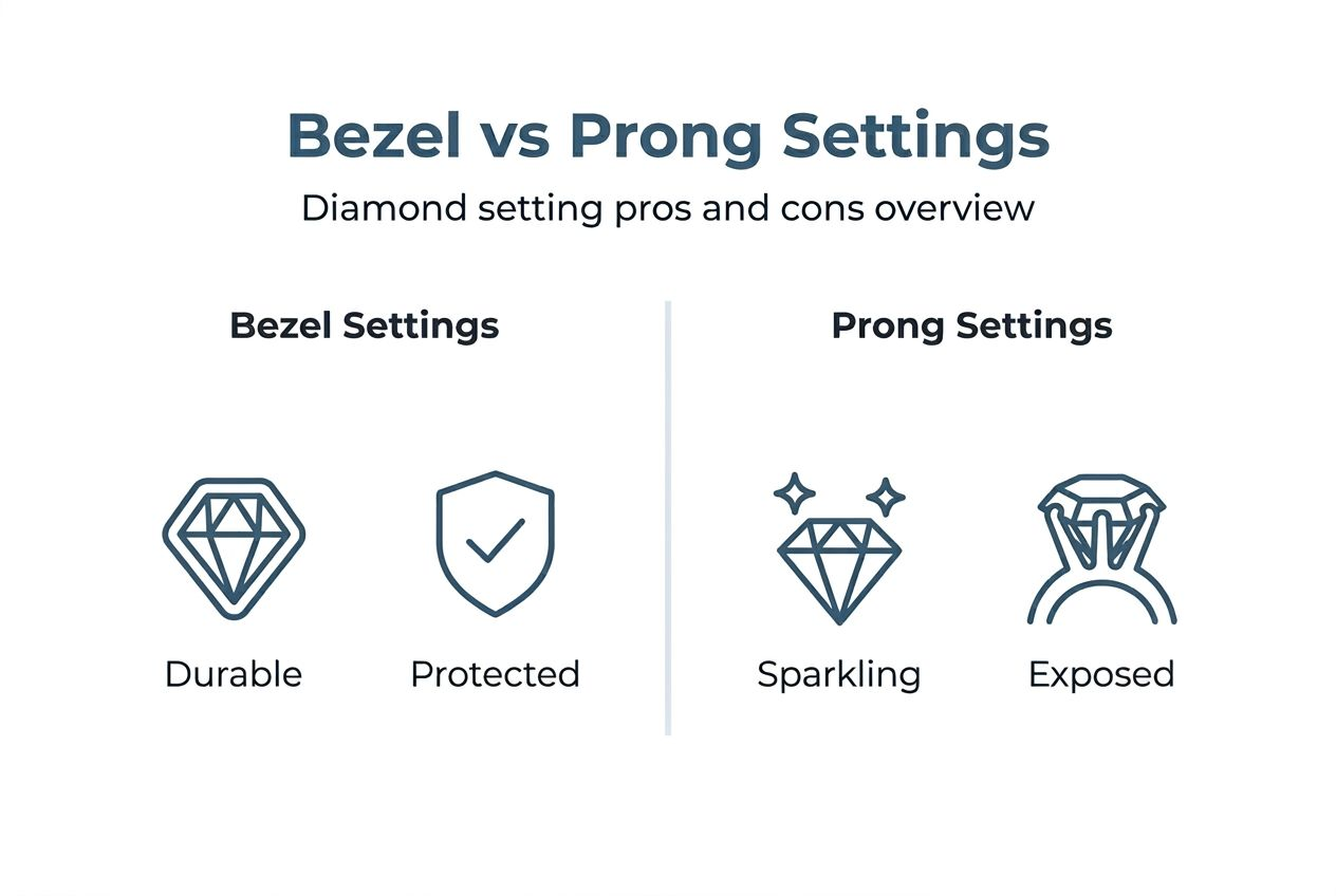 Infographic comparing bezel and prong settings
