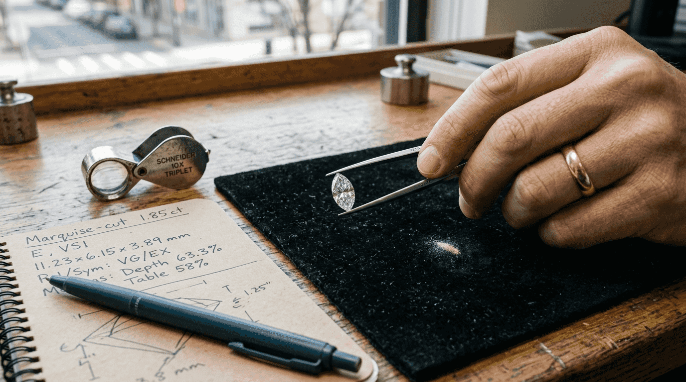 Closeup marquise diamond held by tweezers