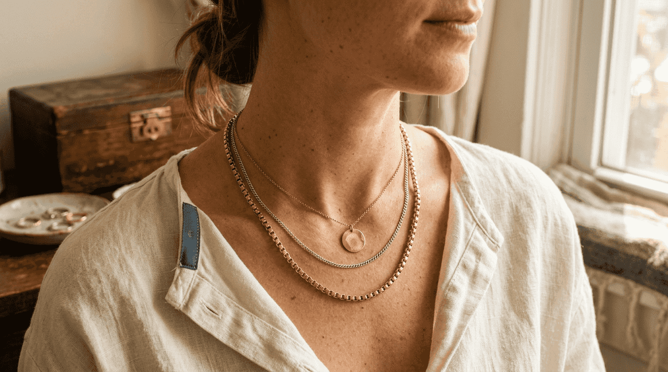 Close-up mixed metal necklaces layering