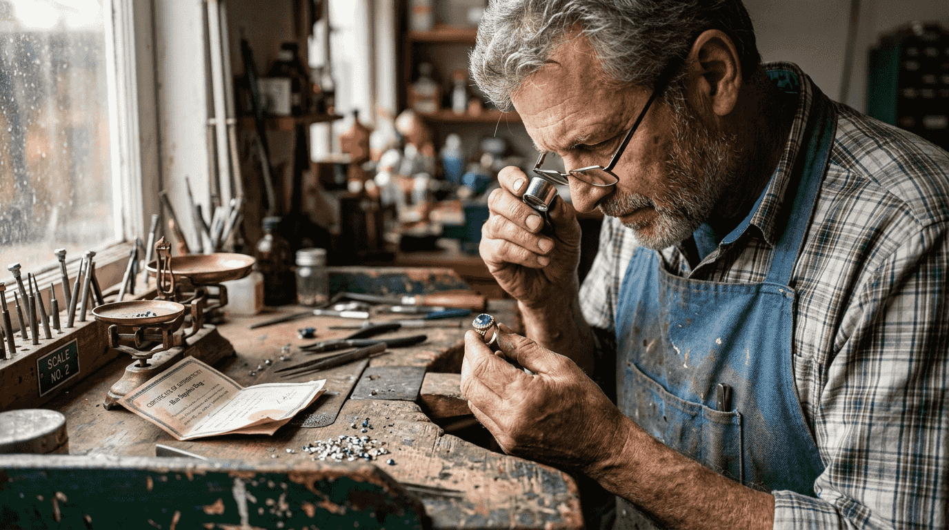 Jeweler examining ring for quality
