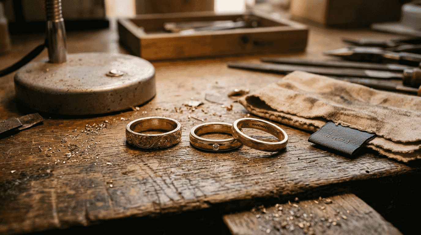 Close up of handcrafted gold rings