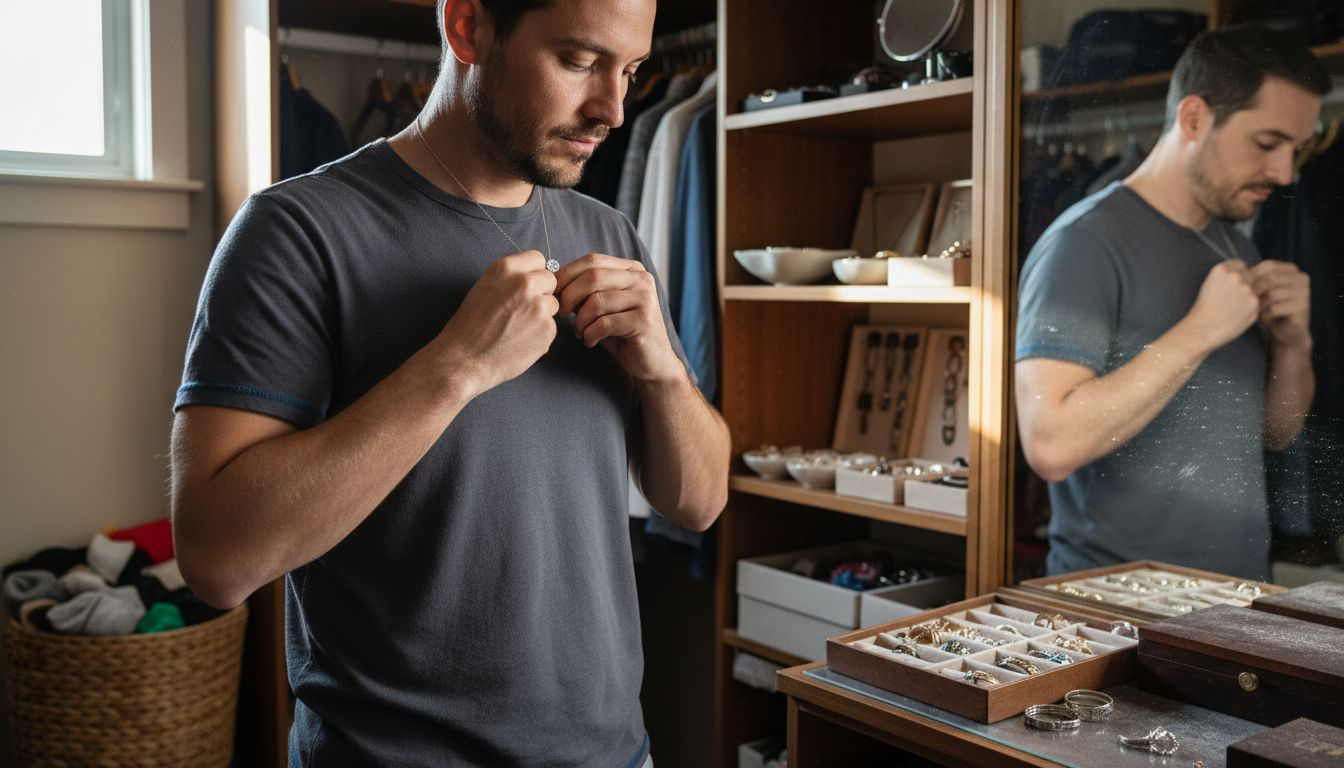 Man fastening modern solitaire pendant necklace