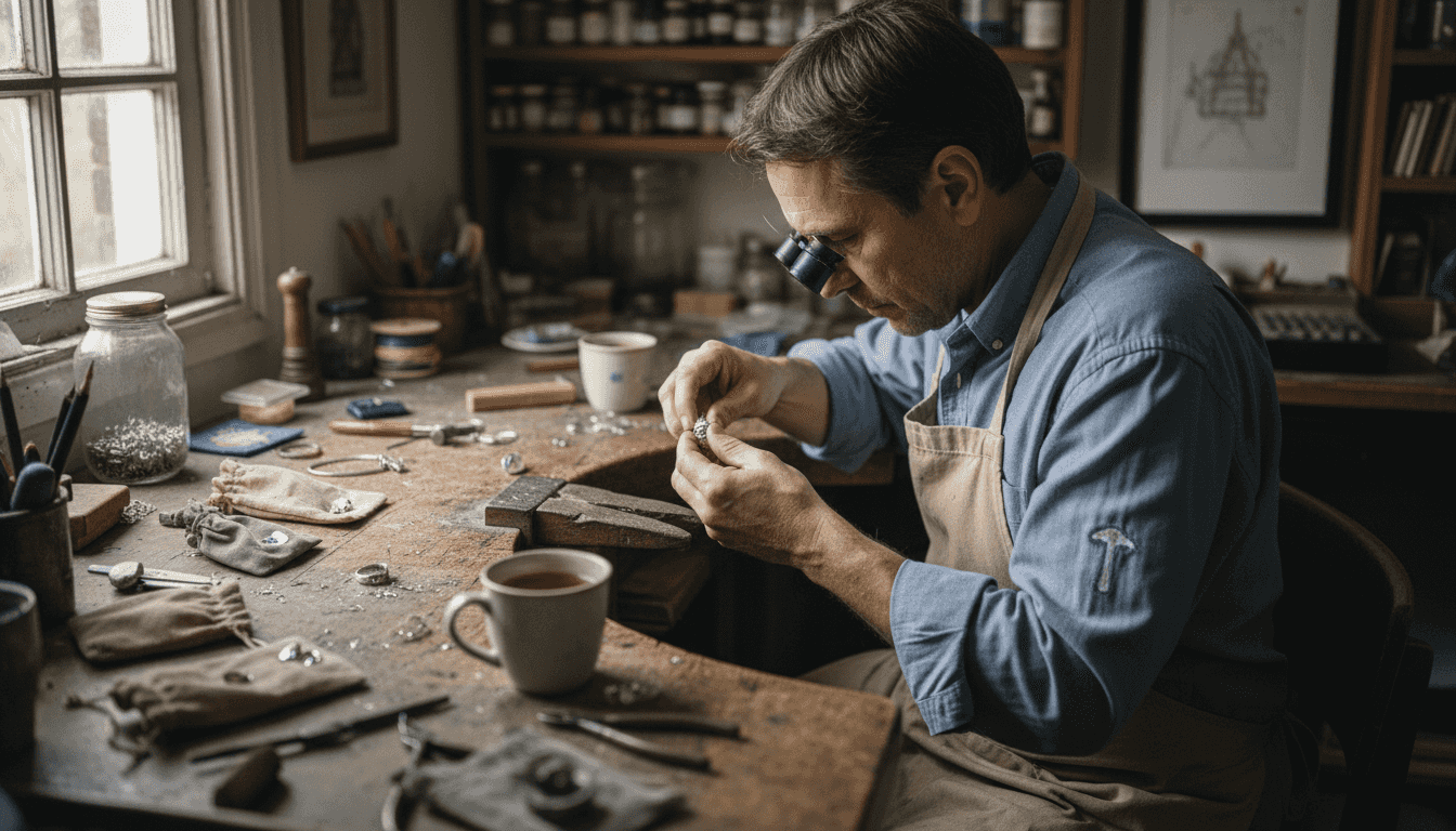 Jeweler inspecting bracelet at wooden workbench