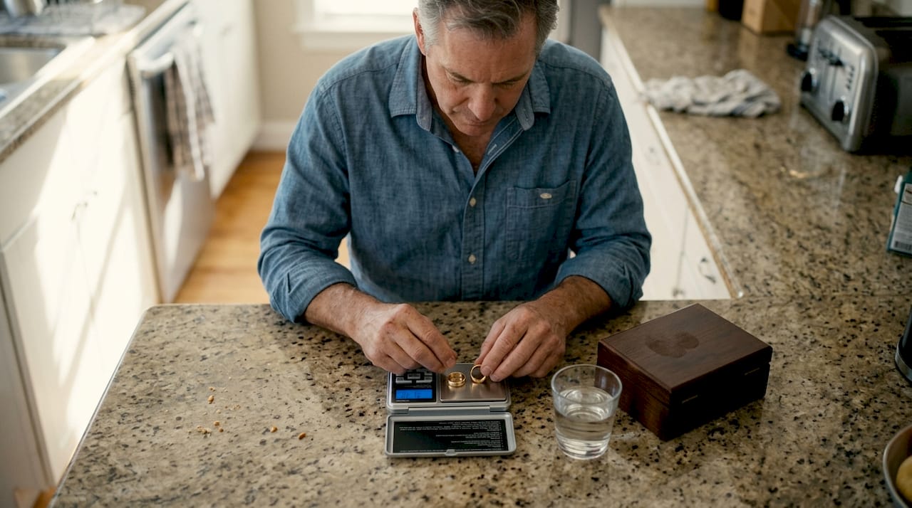 Man weighing gold rings on kitchen scale