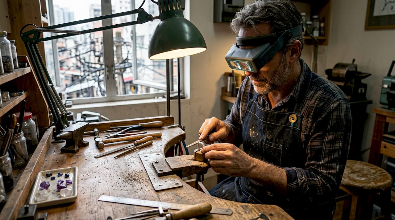 Jeweler crafting ring with detailed tools