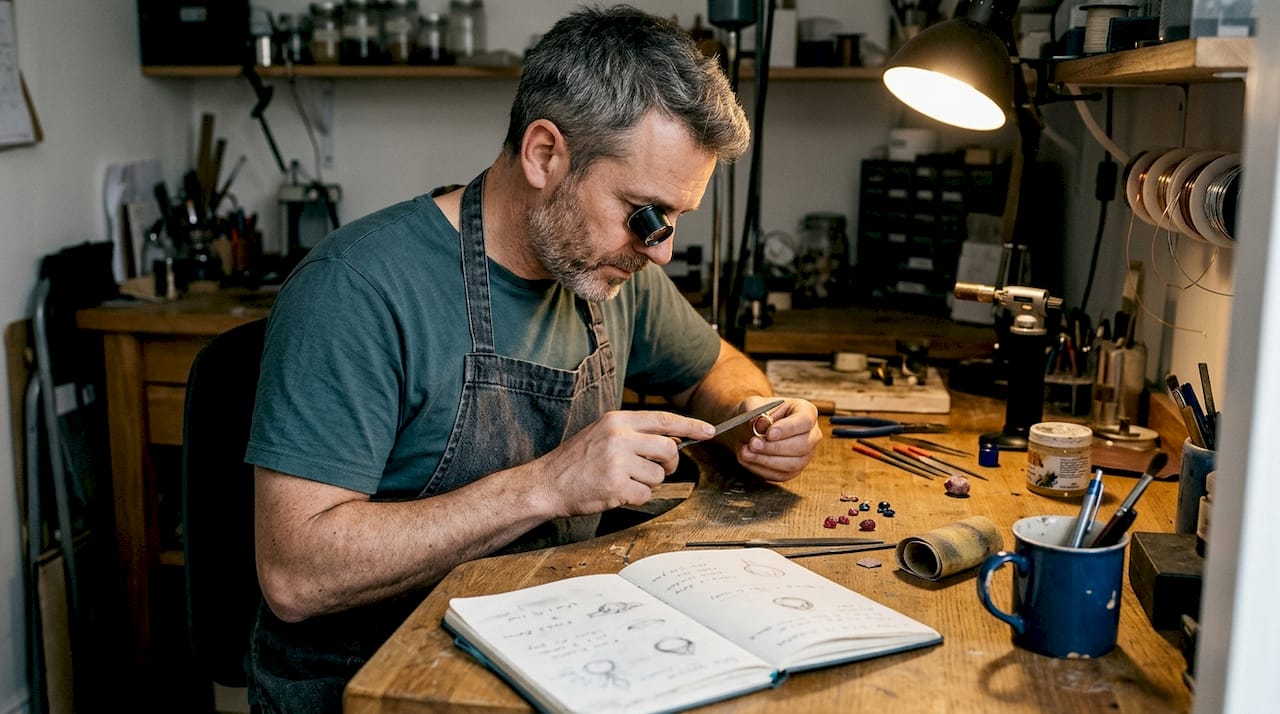 Jeweler handcrafting gold ring in studio