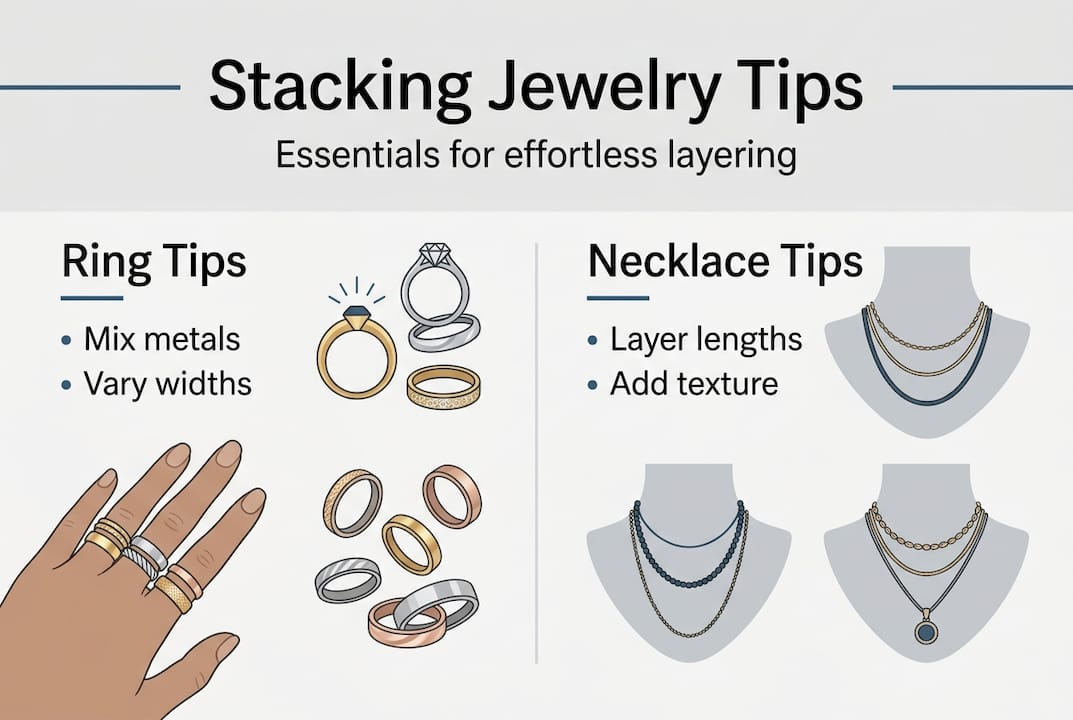 Infographic showing stacking jewelry tips