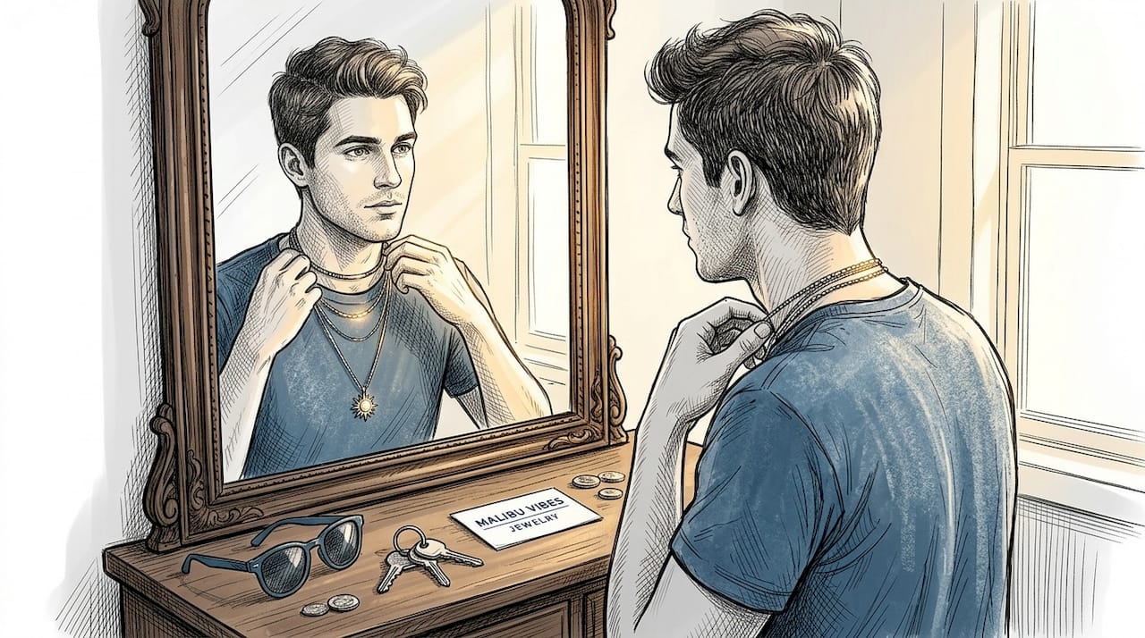 Man layering necklaces at home mirror