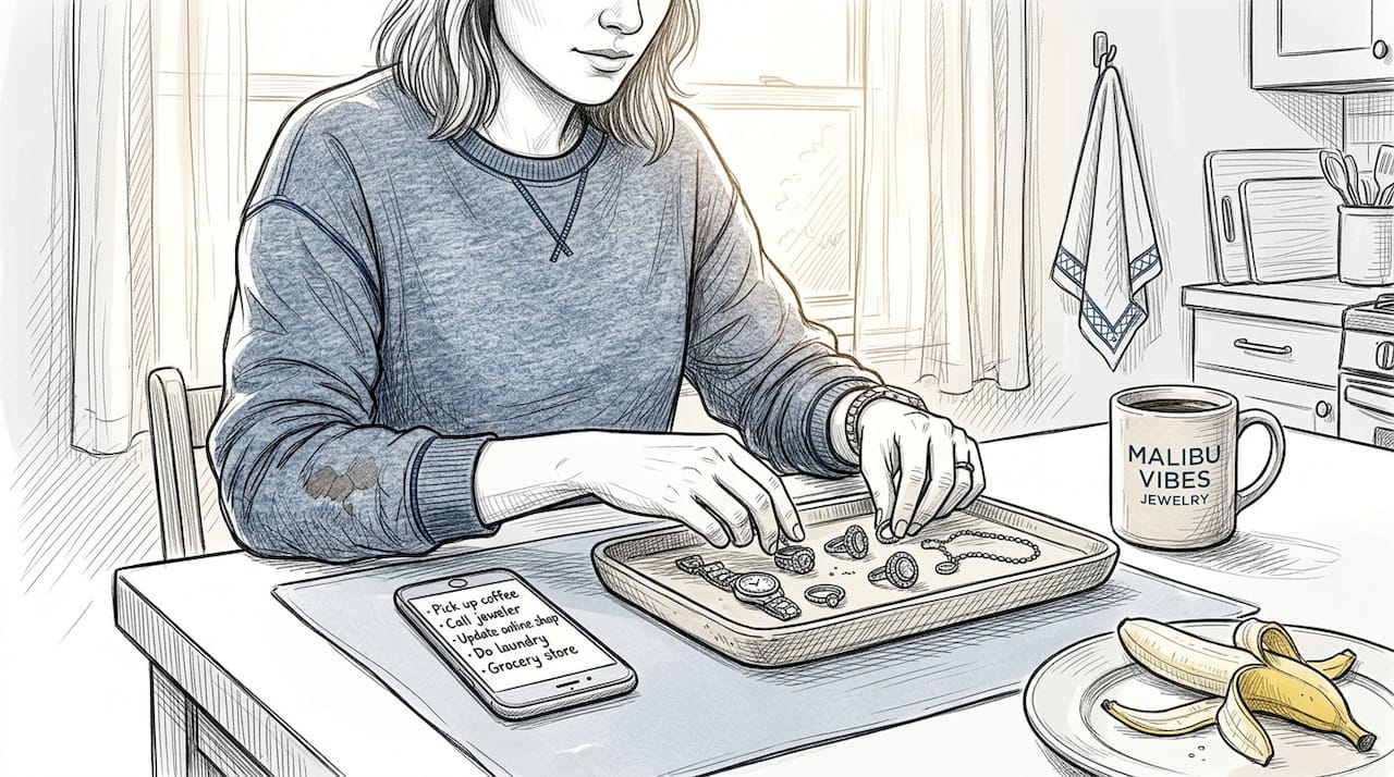 Woman sorting jewelry on kitchen island