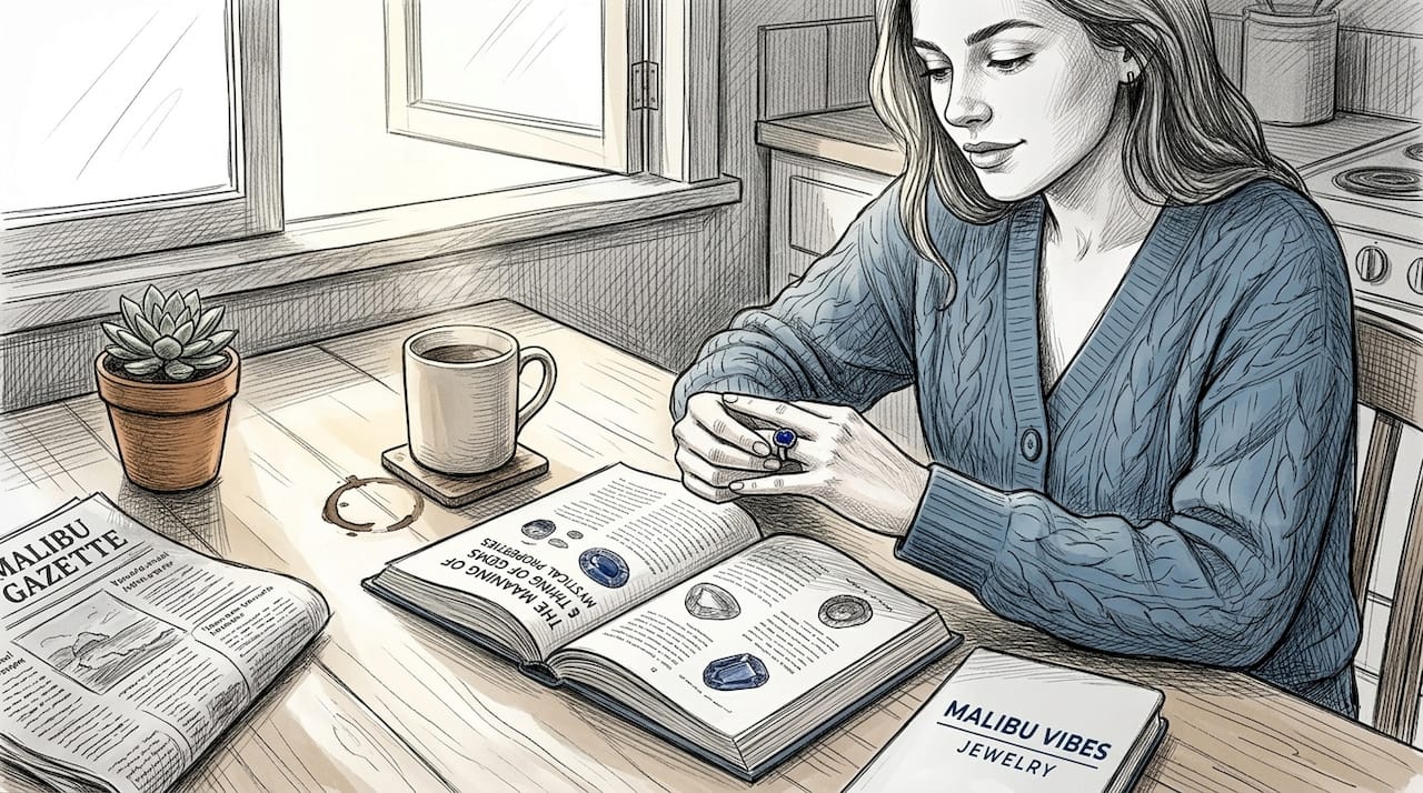 Woman puts on sapphire ring at kitchen table