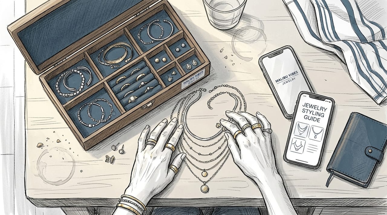Hands stacking jewelry at kitchen island