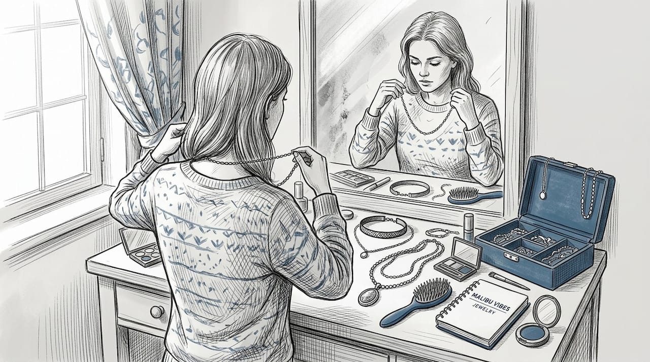 Woman choosing necklace layers at vanity