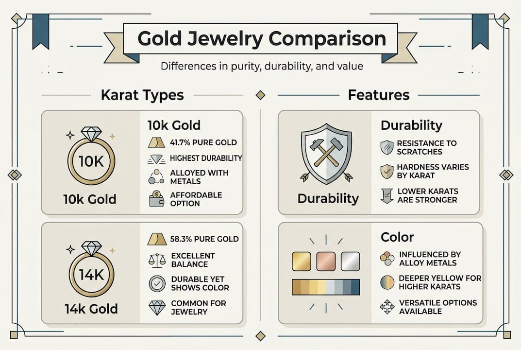 Infographic comparing 10k and 14k gold jewelry