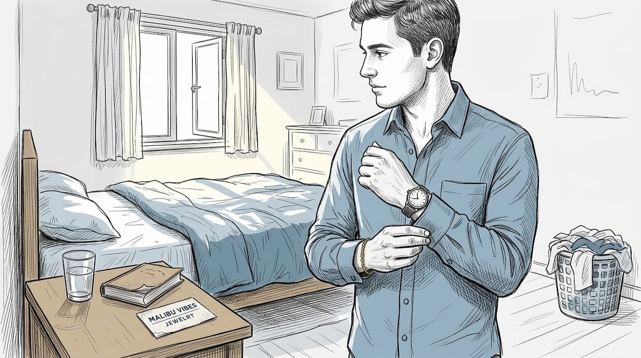 Man wearing gold bracelet during daily routine