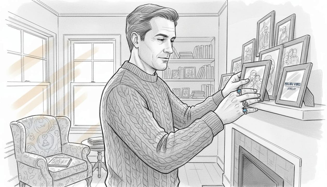 Man adjusting photos, stack rings visible