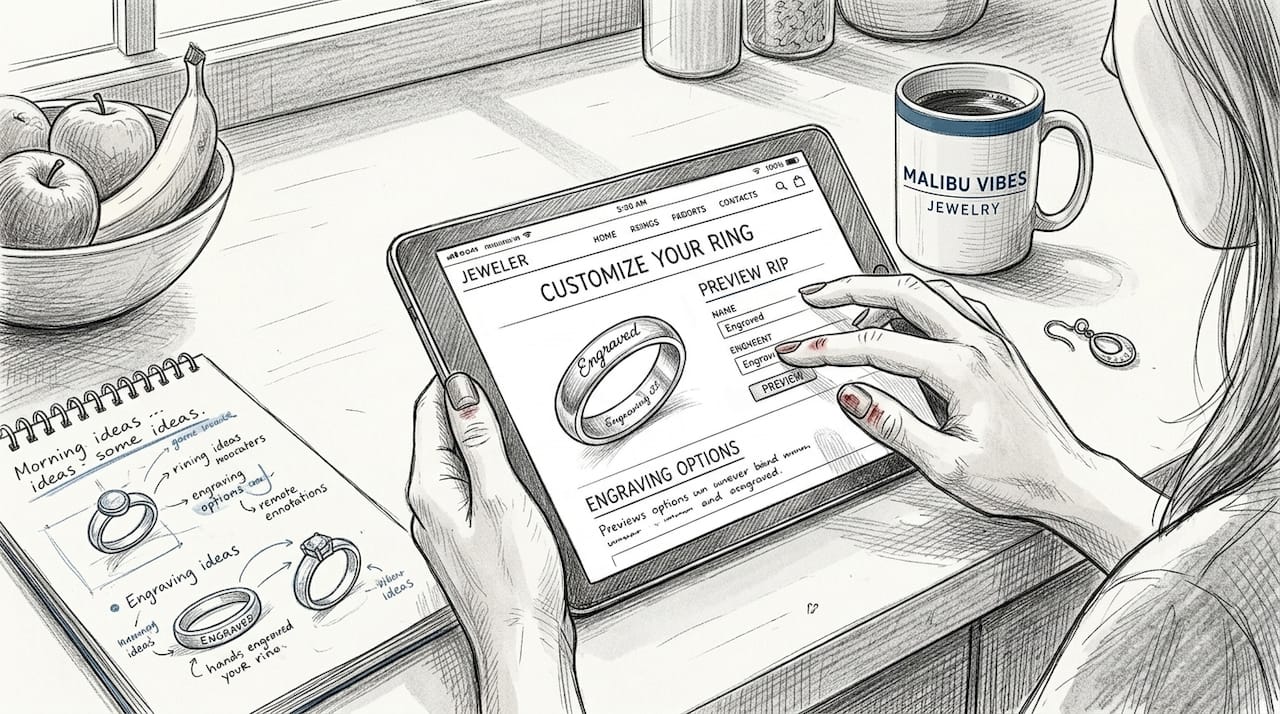 Hands customizing jewelry online on tablet