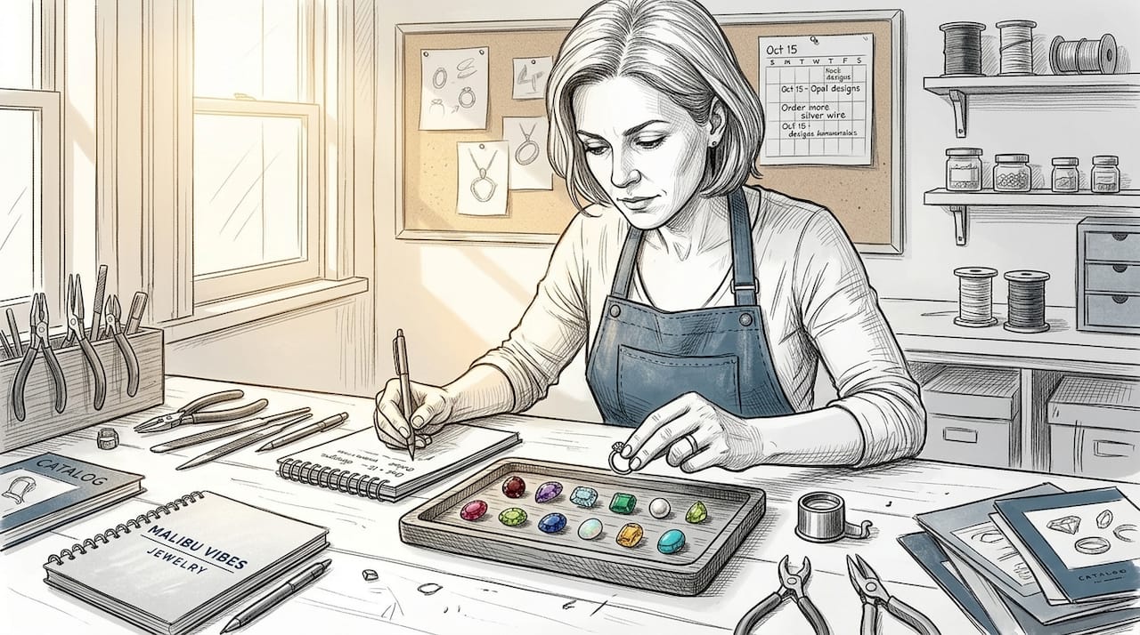 Jewelry artisan selecting birthstones in studio