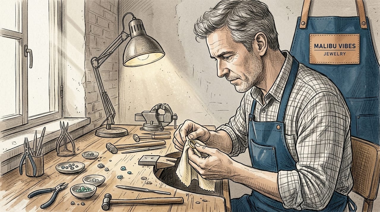 Artisan polishes gold ring in small studio