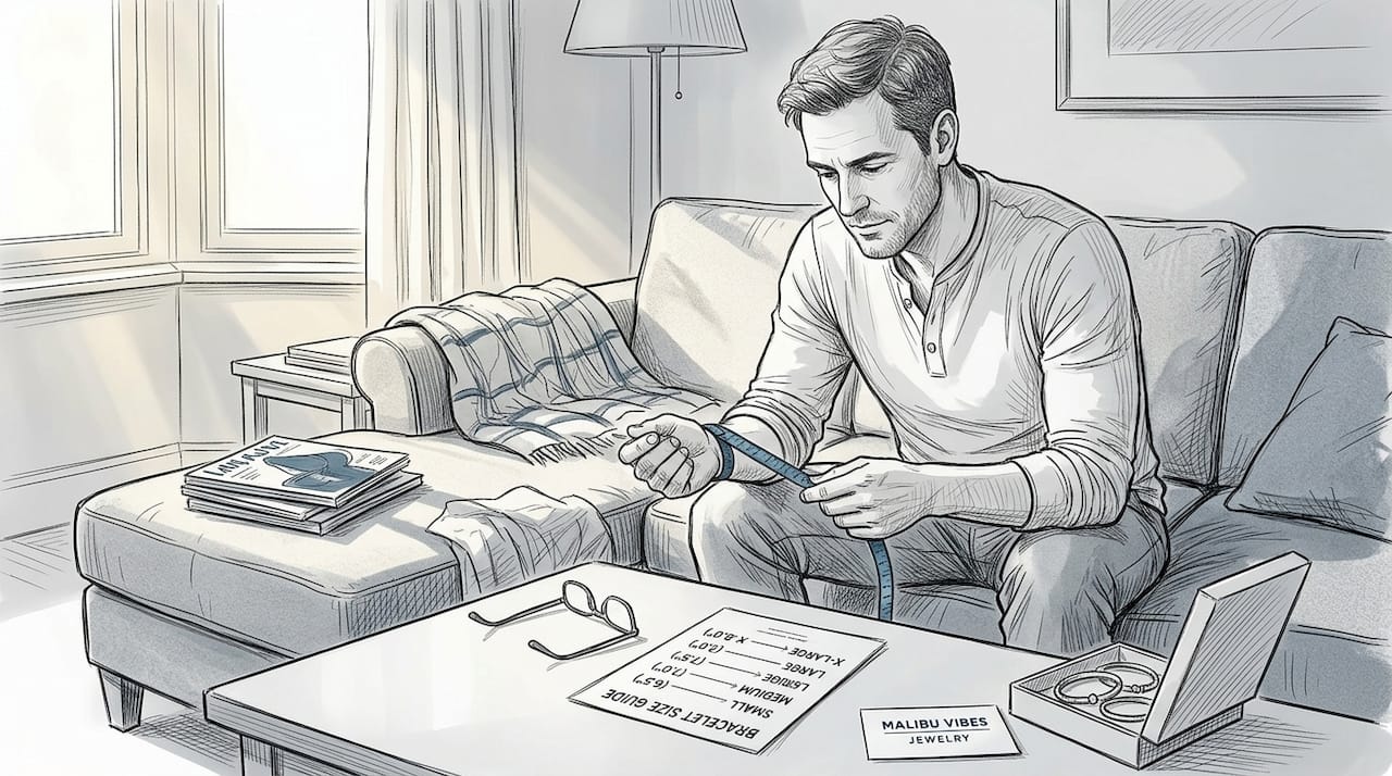 Man measures wrist for bracelet sizing