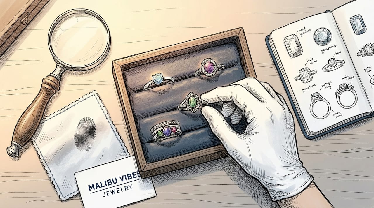 Different birthstone ring styles arranged on tray